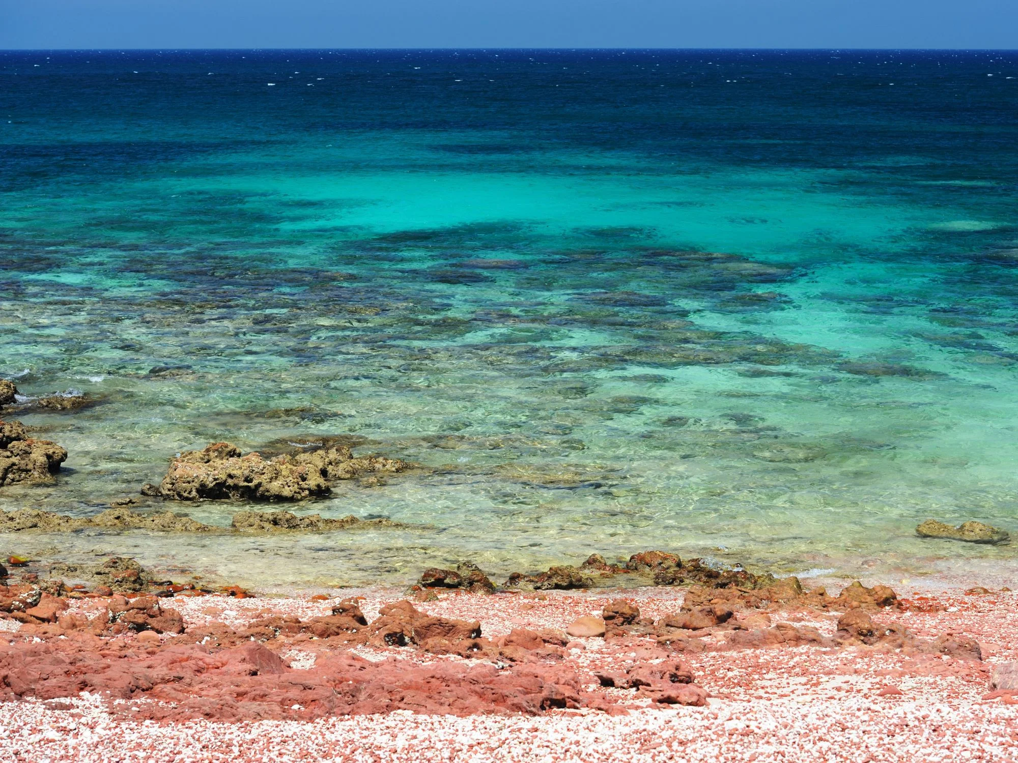 Shallow coral reef with turquoise and deep blue waters and red coral beach on Socotra coast.