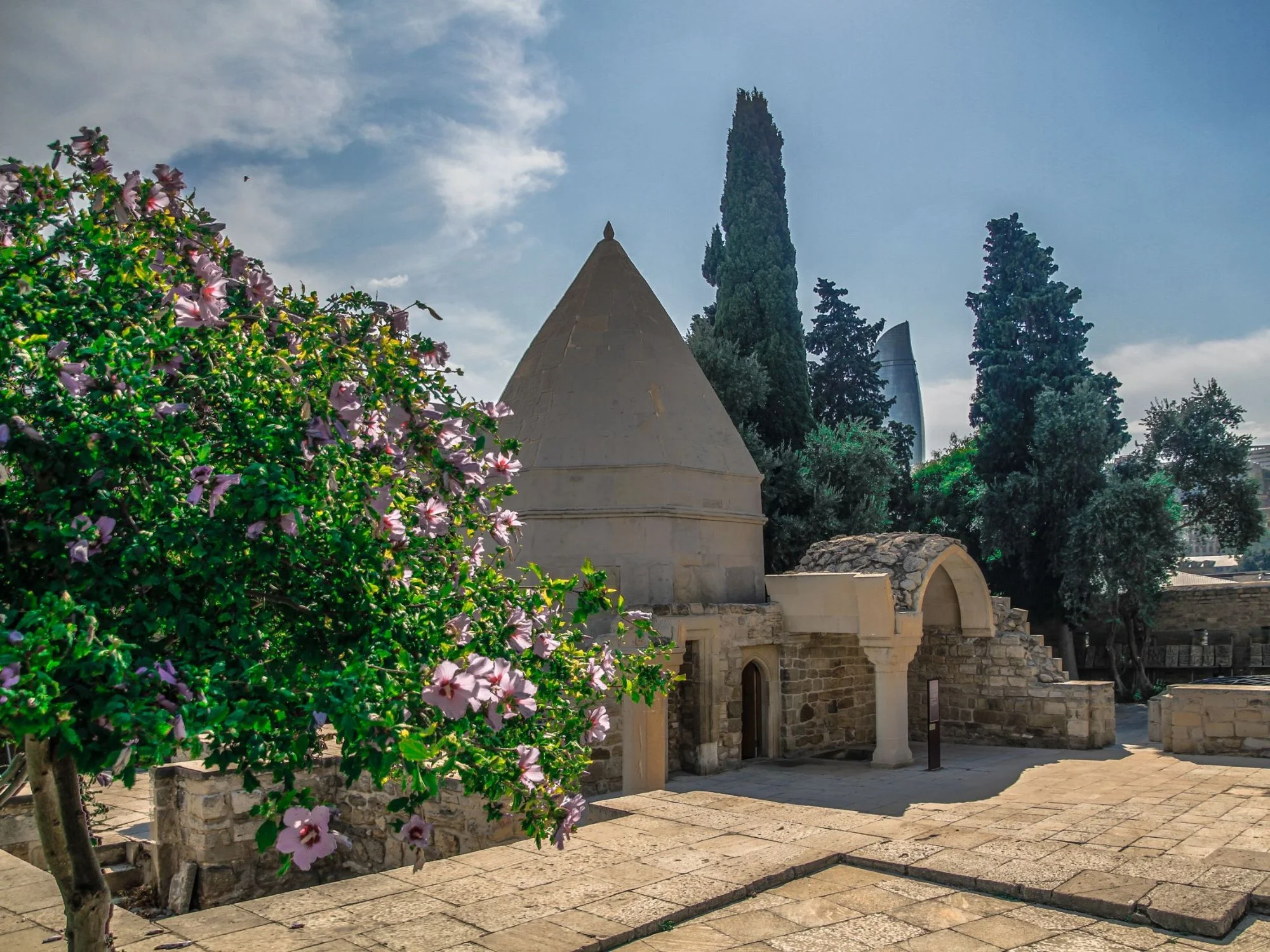 Stone domed and cone-roofed historic tombs in Baku, framed by a flowering pink bush and tall cypress trees
