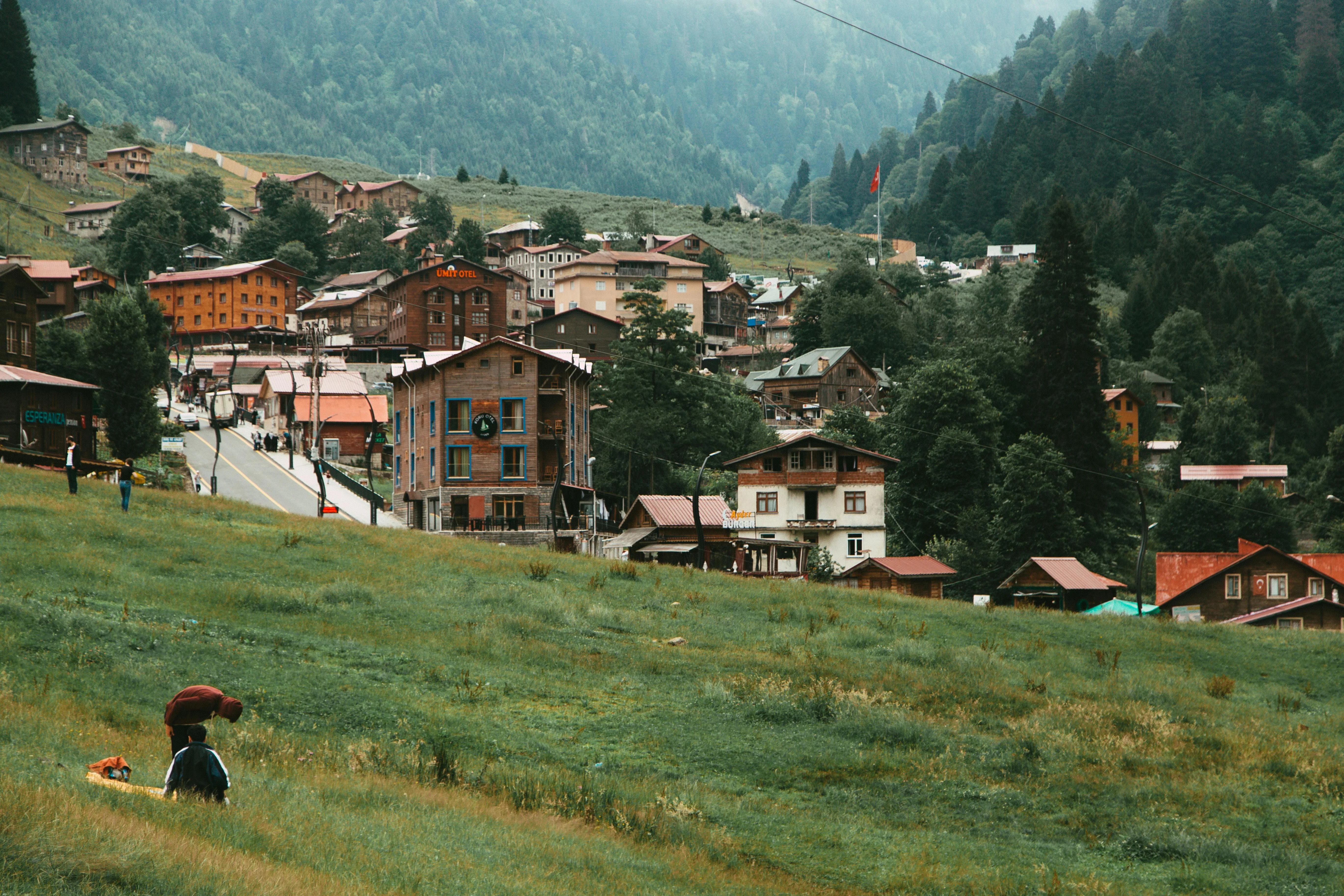 Traditional Black Sea mountain village of timber houses on a green hillside surrounded by forest