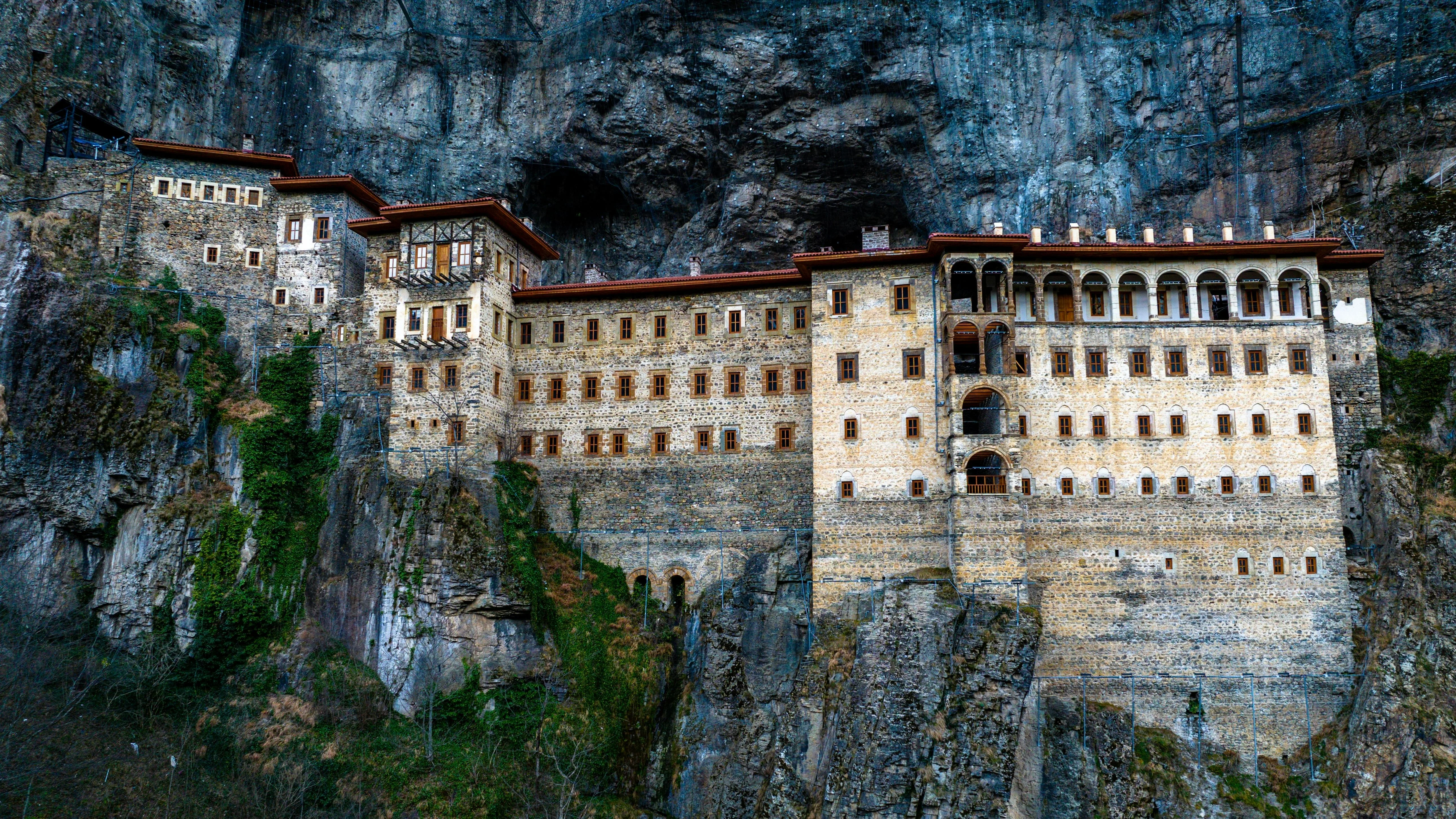 Sumela Monastery clinging to a sheer cliff face in the Pontic Mountains near Trabzon, Turkey