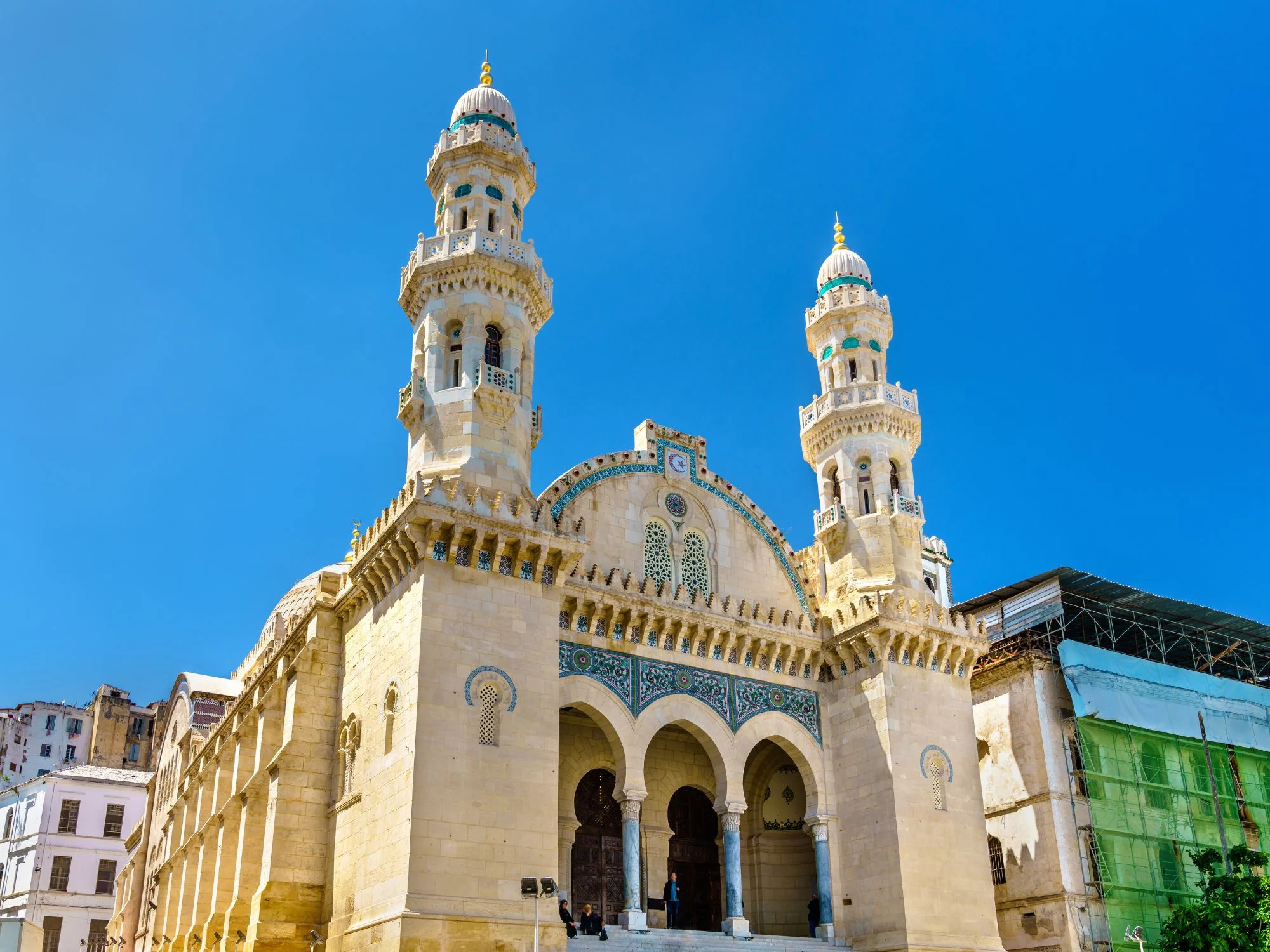 Ketchaoua Mosque with twin white minarets and turquoise tilework in the Kasbah of Algiers