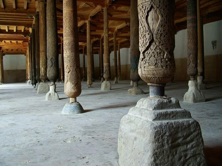 Hall of carved wooden columns in the Juma Mosque, Khiva, Uzbekistan