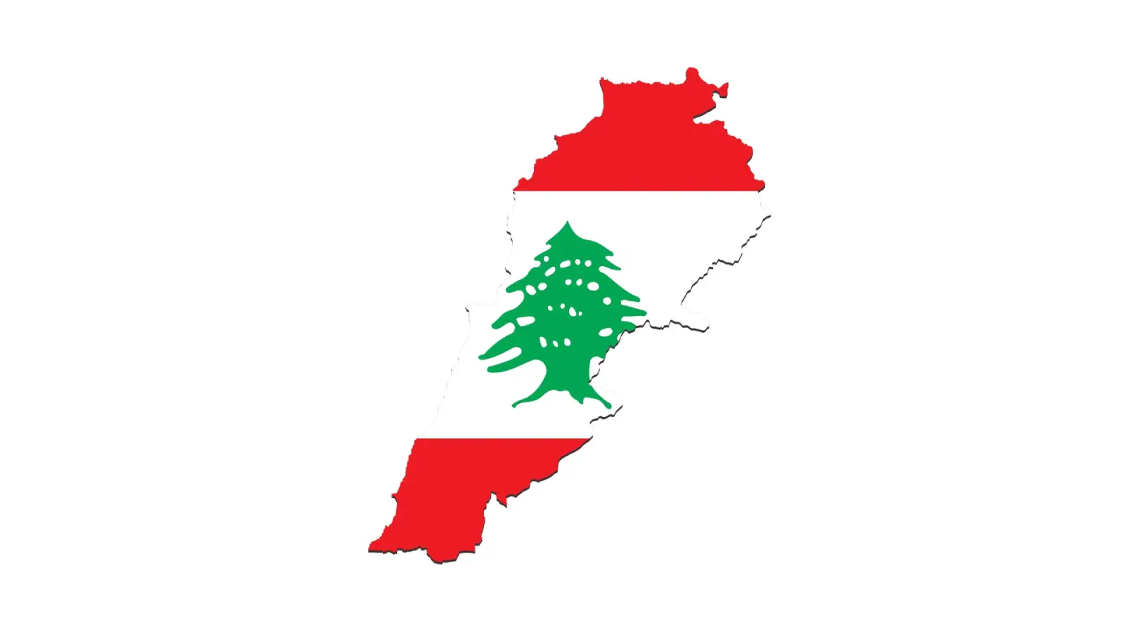 Map silhouette of Lebanon filled with the Lebanese flag, red and white with a central green cedar tree