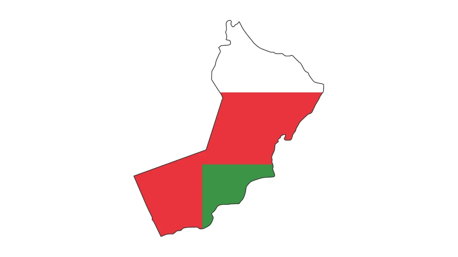 Map silhouette of Oman filled with the Omani flag in white, red and green