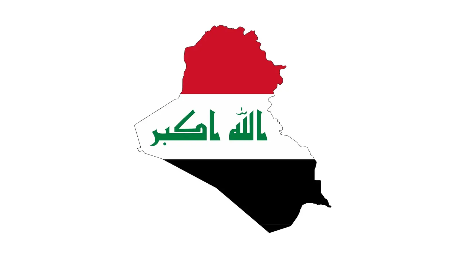 Map silhouette of Iraq filled with the Iraqi flag in red, white and black with Arabic calligraphy