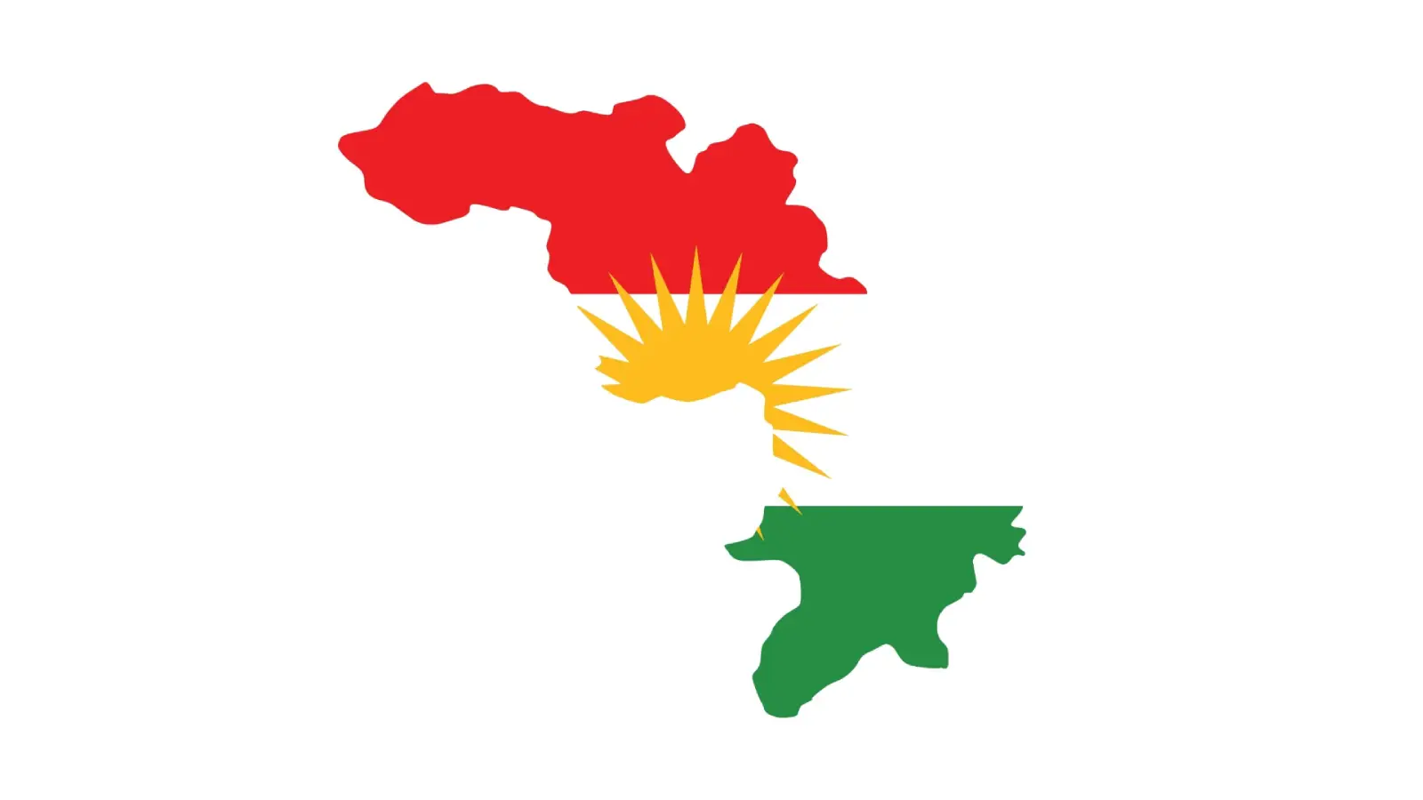 Map silhouette of the Kurdistan region filled with the Kurdish flag in red, white with sun, and green
