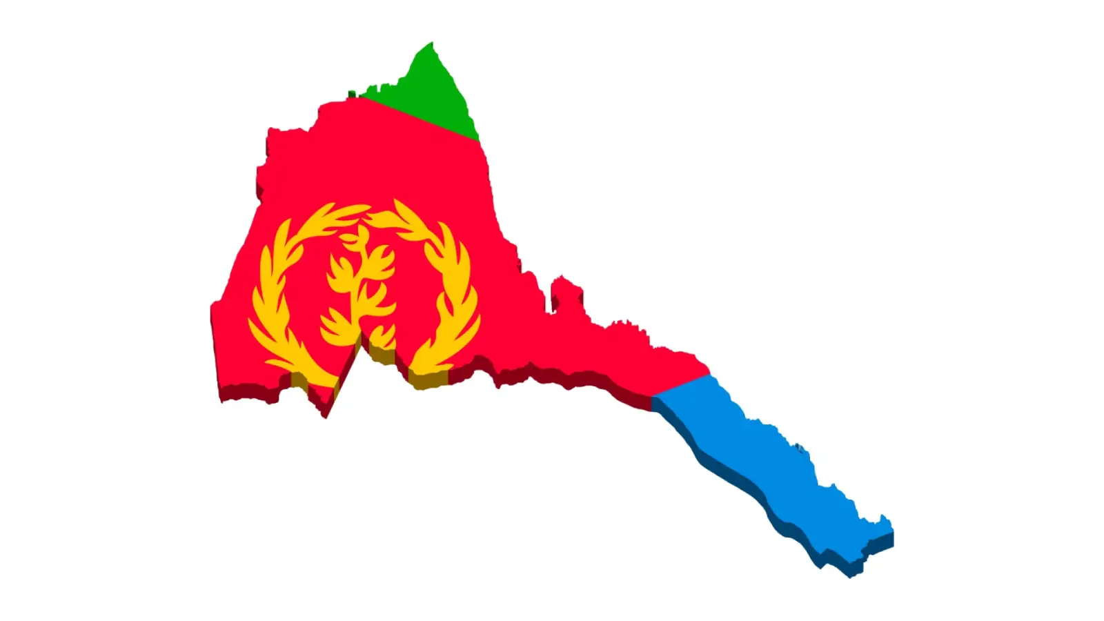 Map silhouette of Eritrea filled with the Eritrean flag in red, green and blue with a gold olive wreath