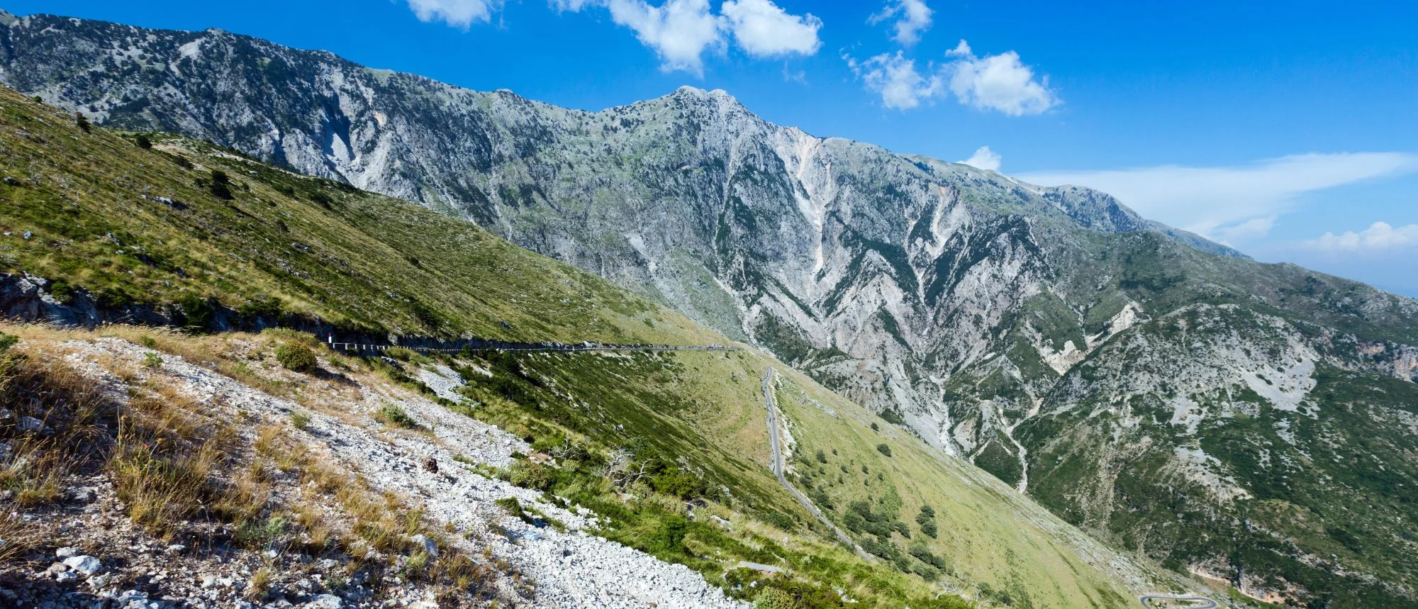 Switchback road carved into the limestone cliffs of Llogara Pass, southern Albania