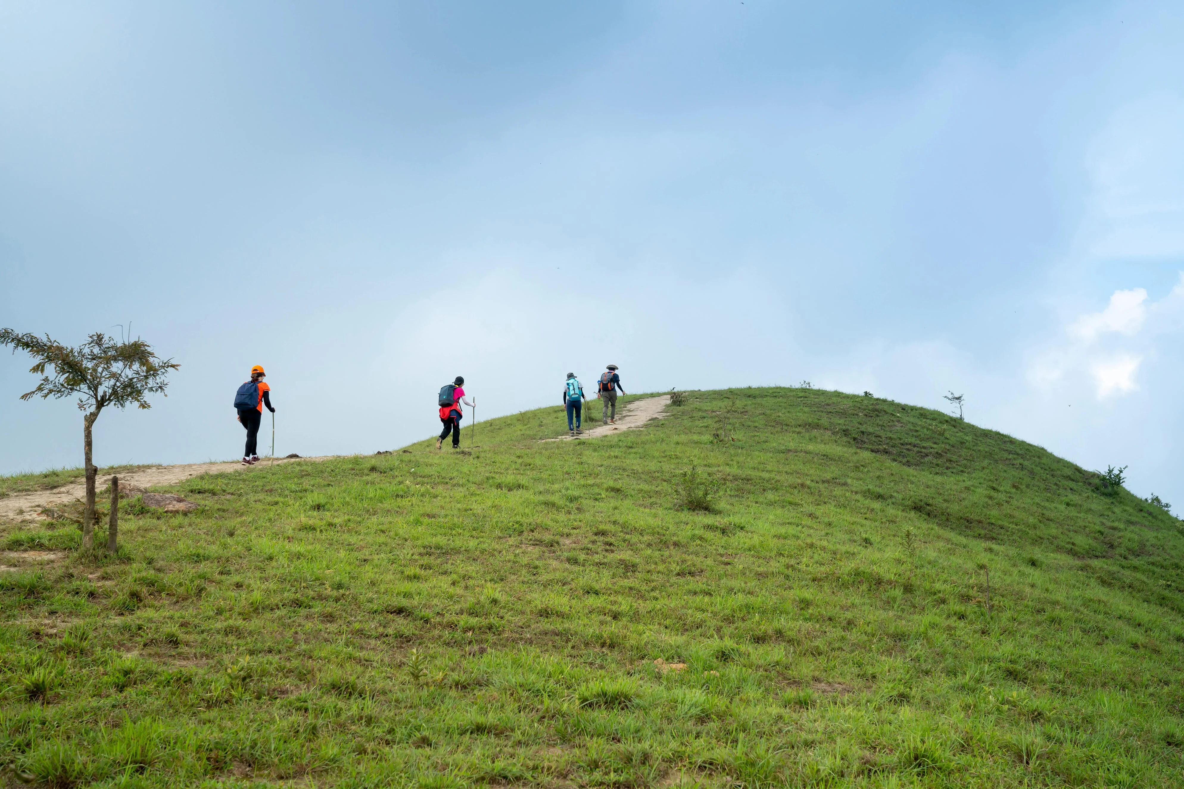 Small group of hikers walking a grassy ridgetop trail under a cloudy sky