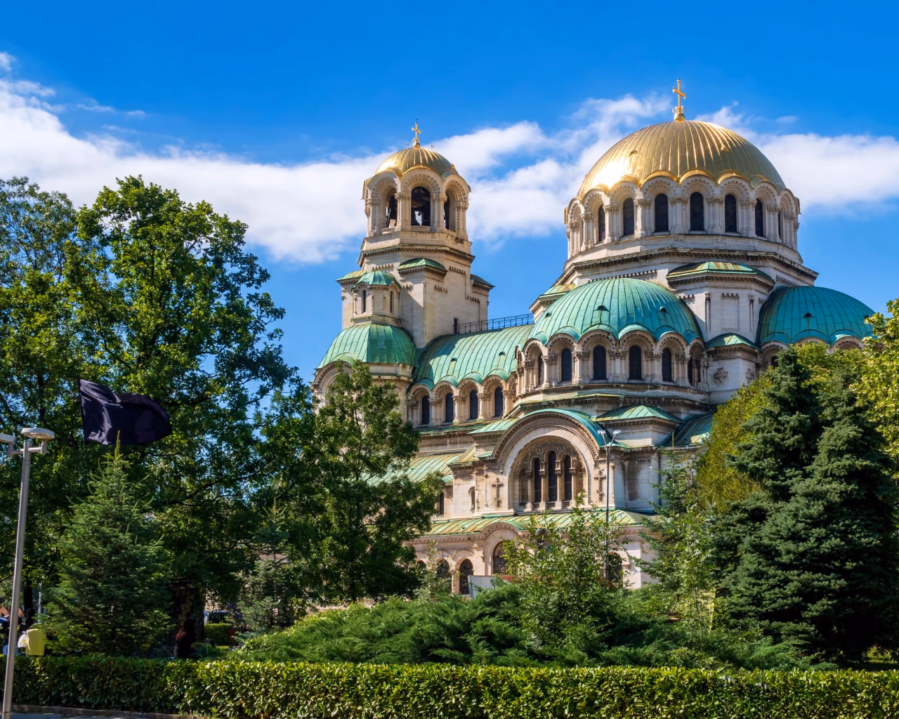 Alexander Nevsky Cathedral Sofia with golden domes and green rooftops in Bulgaria
