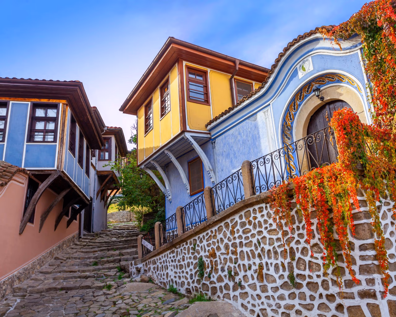 Plovdiv Old Town cobblestone street and colorful Bulgarian Revival architecture.
