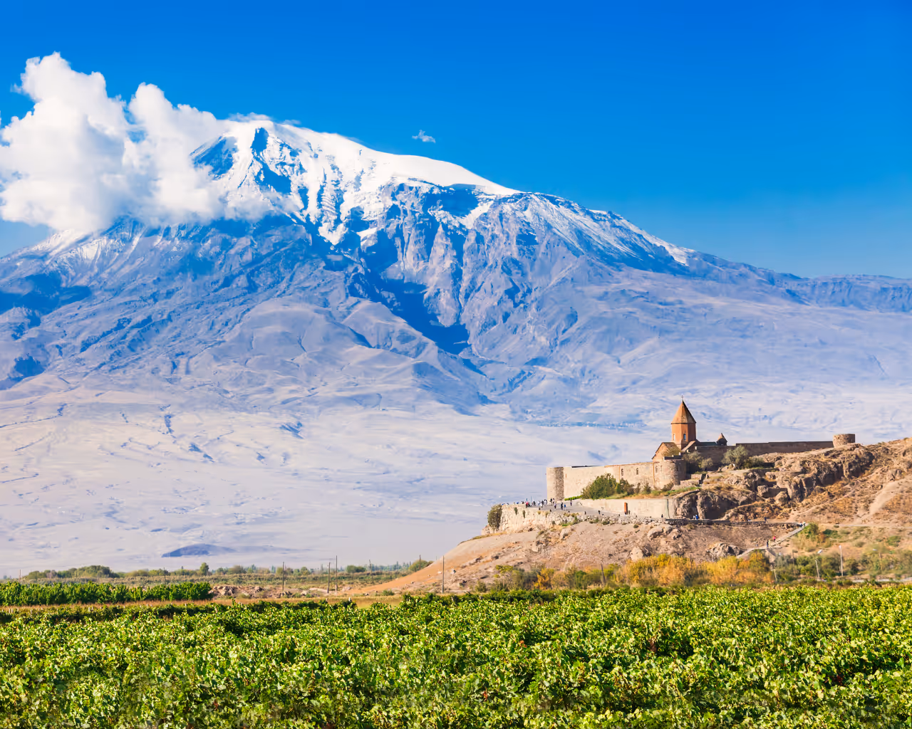 Khor Virap Monastery with Mount Ararat in the background, a famous pilgrimage site in Armenia.