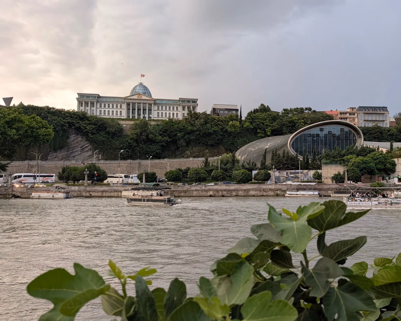 View across the Mtkvari River in Tbilisi to the Presidential Palace and the egg-shaped Concert Hall