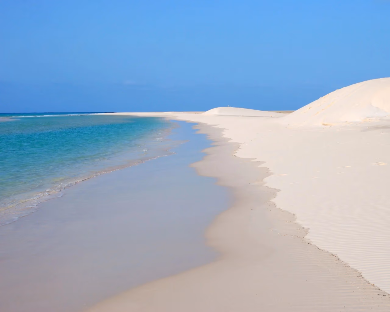 Pristine white sand dunes slope into turquoise Socotra sea beneath clear blue sky.