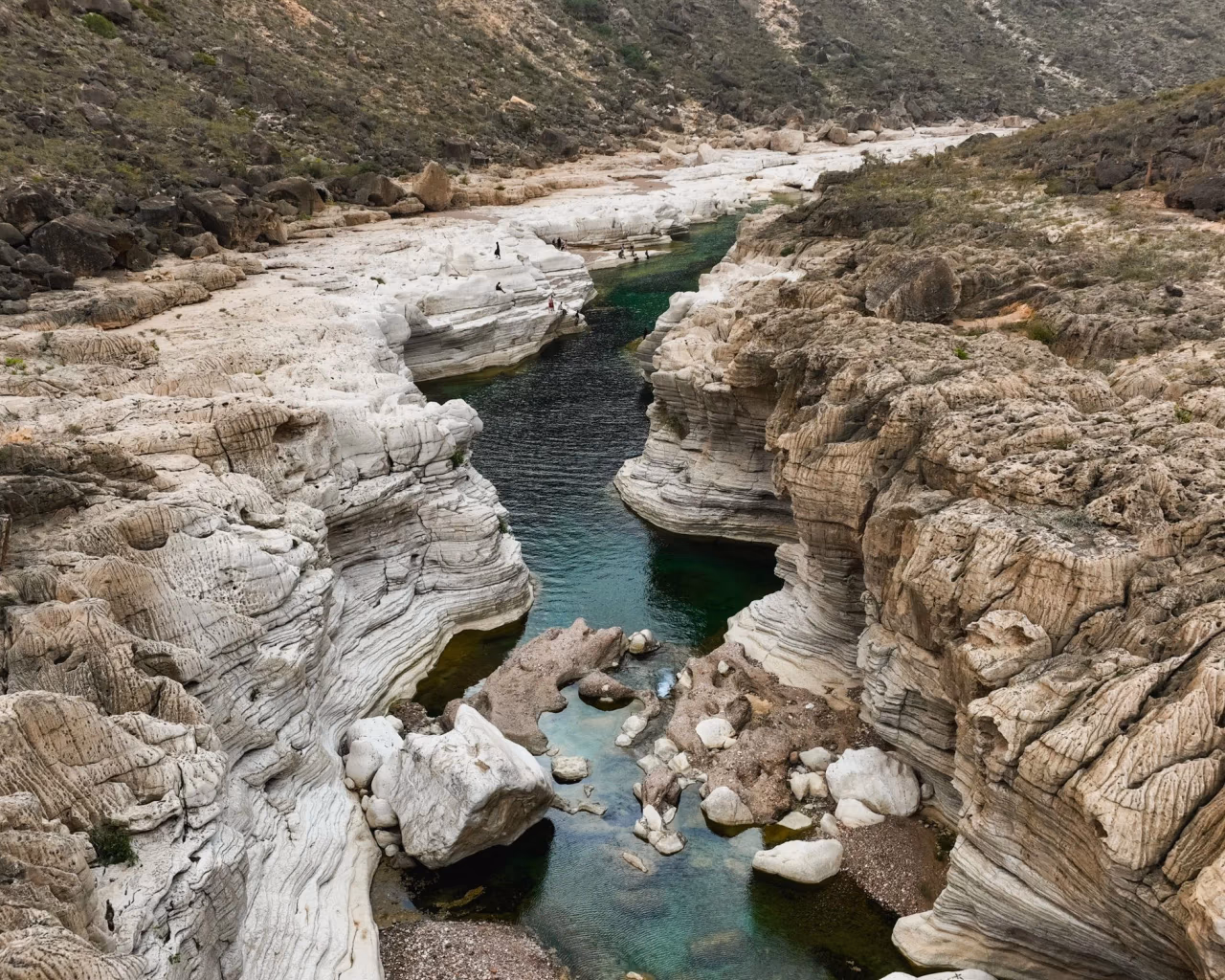 Emerald stream winds through white limestone canyon in Socotra’s Wadi Dirhur oasis.