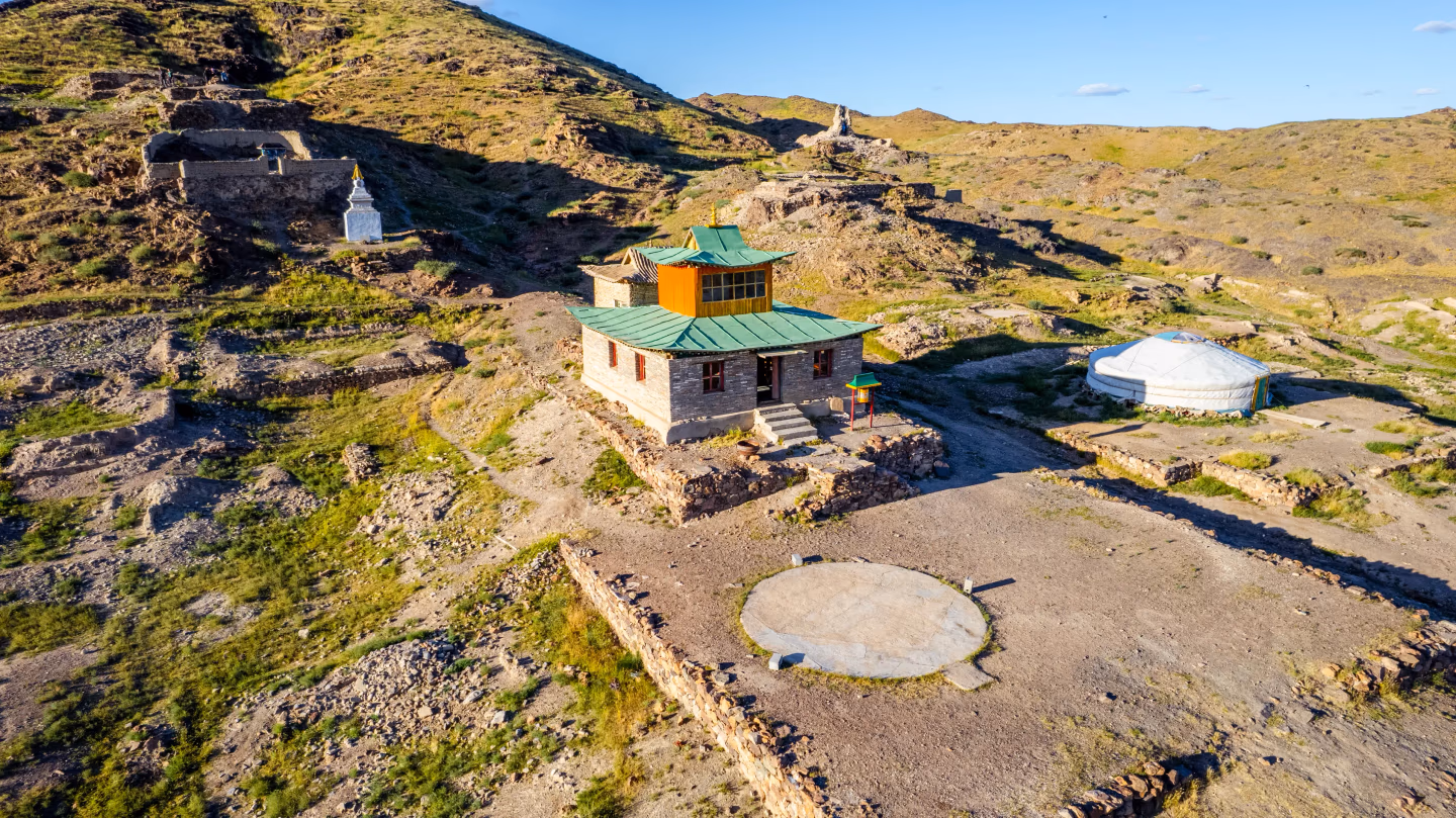 Temple and ger at Karakorum archaeological site in central Mongolia.