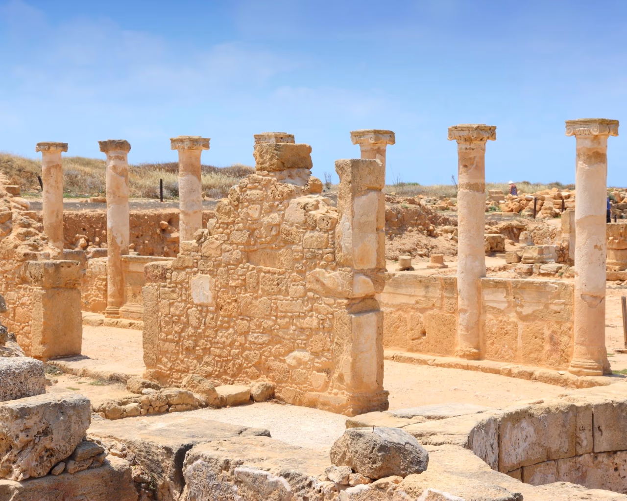 Ancient ruins and standing columns in the Paphos Archaeological Park, Cyprus.