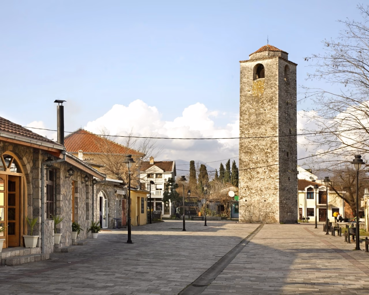 Ottoman-era Clock Tower in Old Town Podgorica, Montenegro, on a sunny day.