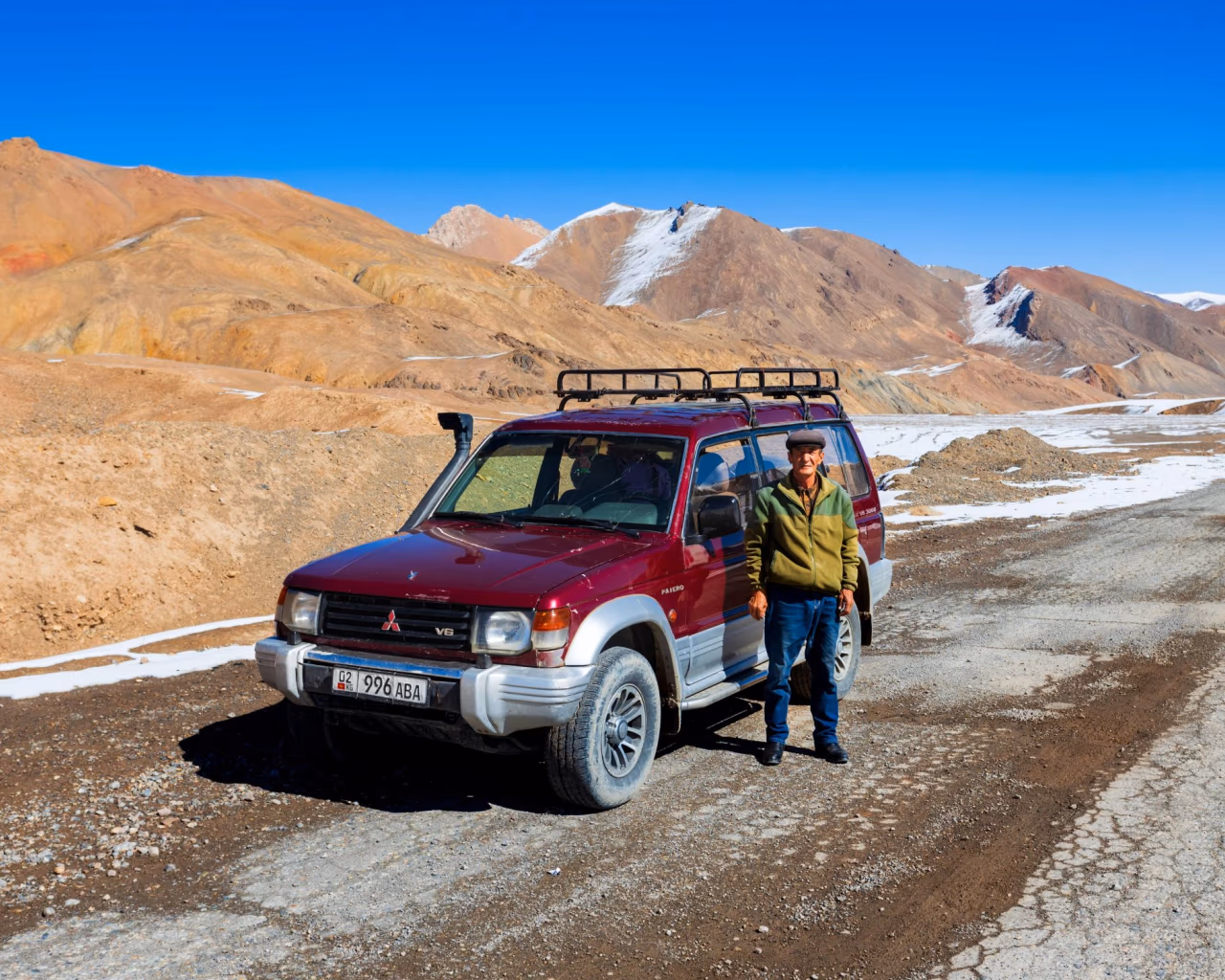 Driver and SUV on the remote Pamir Highway in Tajikistan with arid, snow-dusted mountain backdrop.
