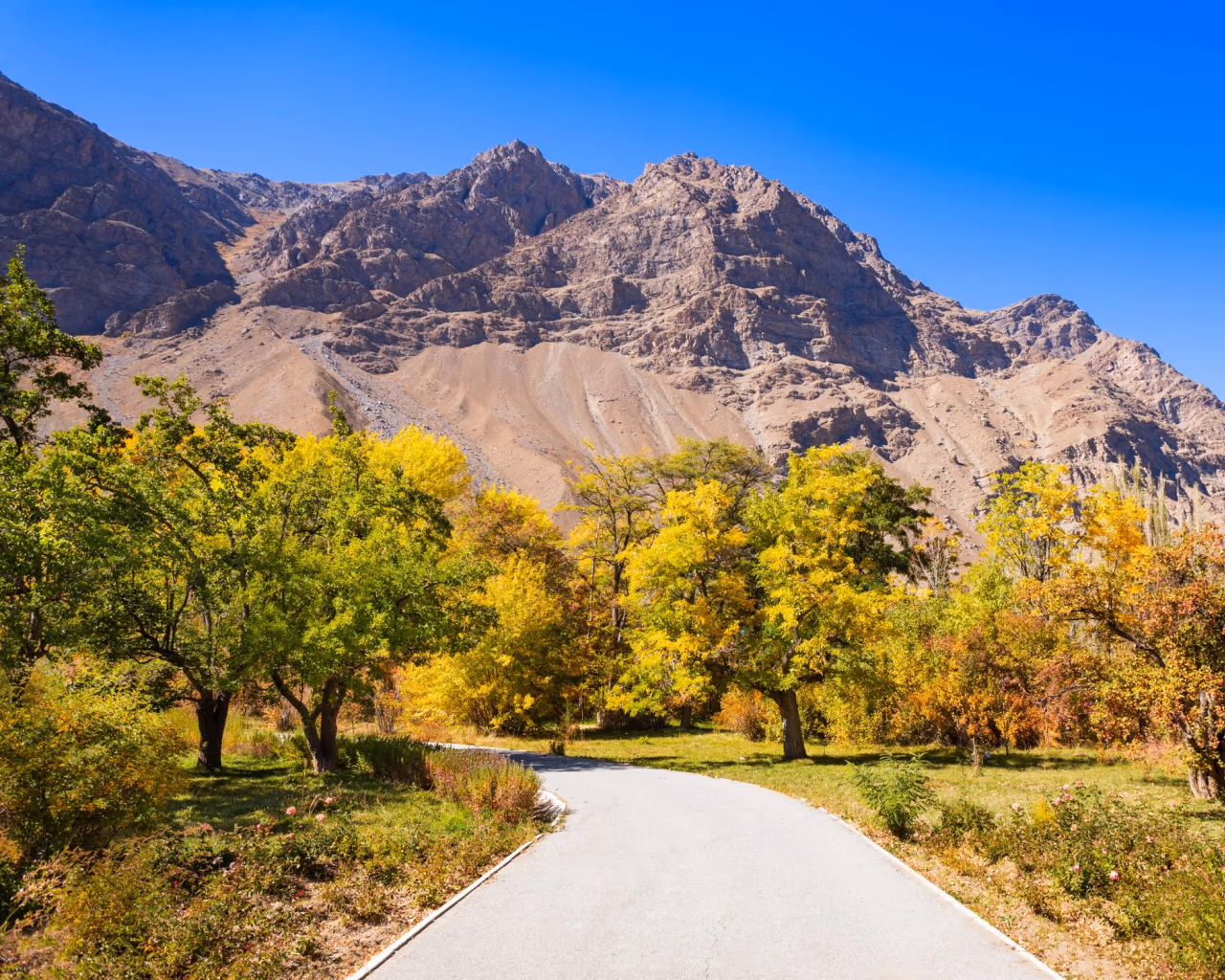 Path through Khorog Botanical Garden in Tajikistan, lined with colorful autumn trees and mountains.