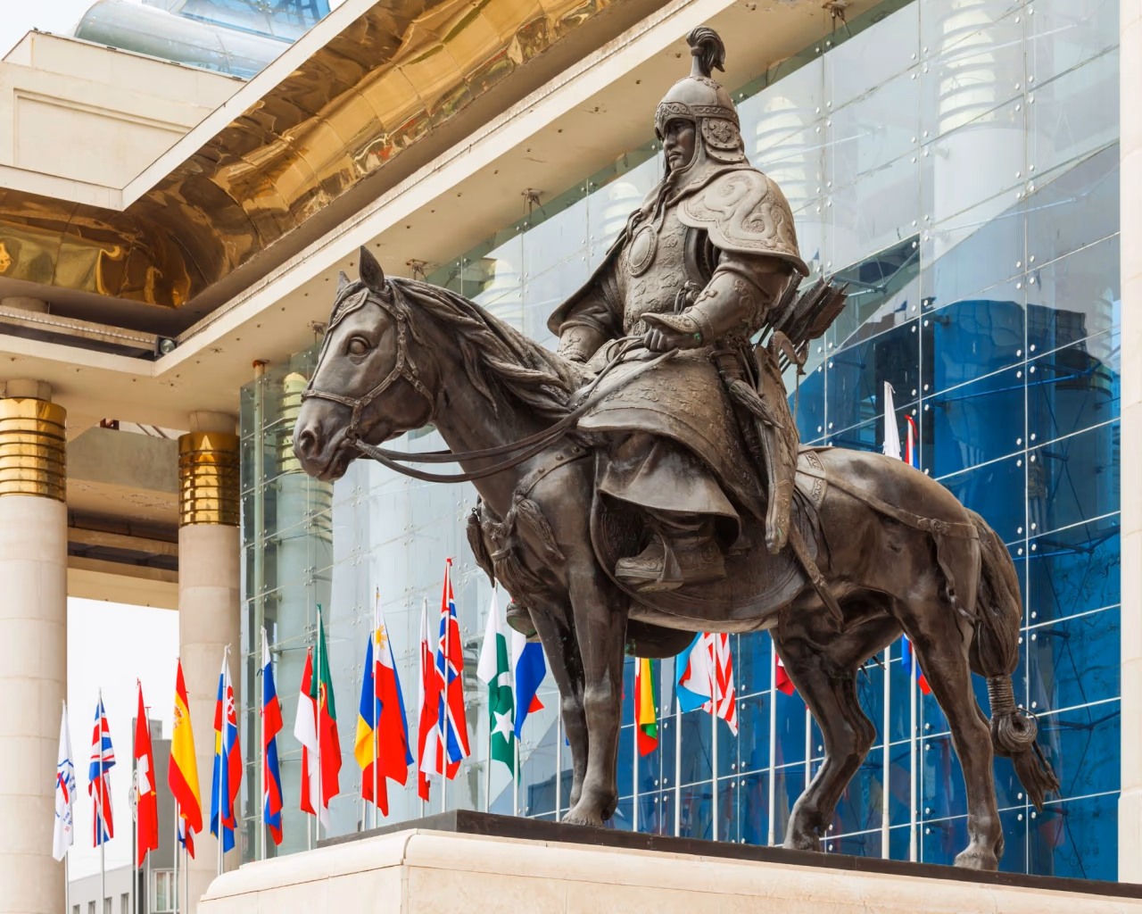 Chinggis Khan statue in front of Mongolia’s Parliament in Ulaanbaatar, a key site for cultural city tours.