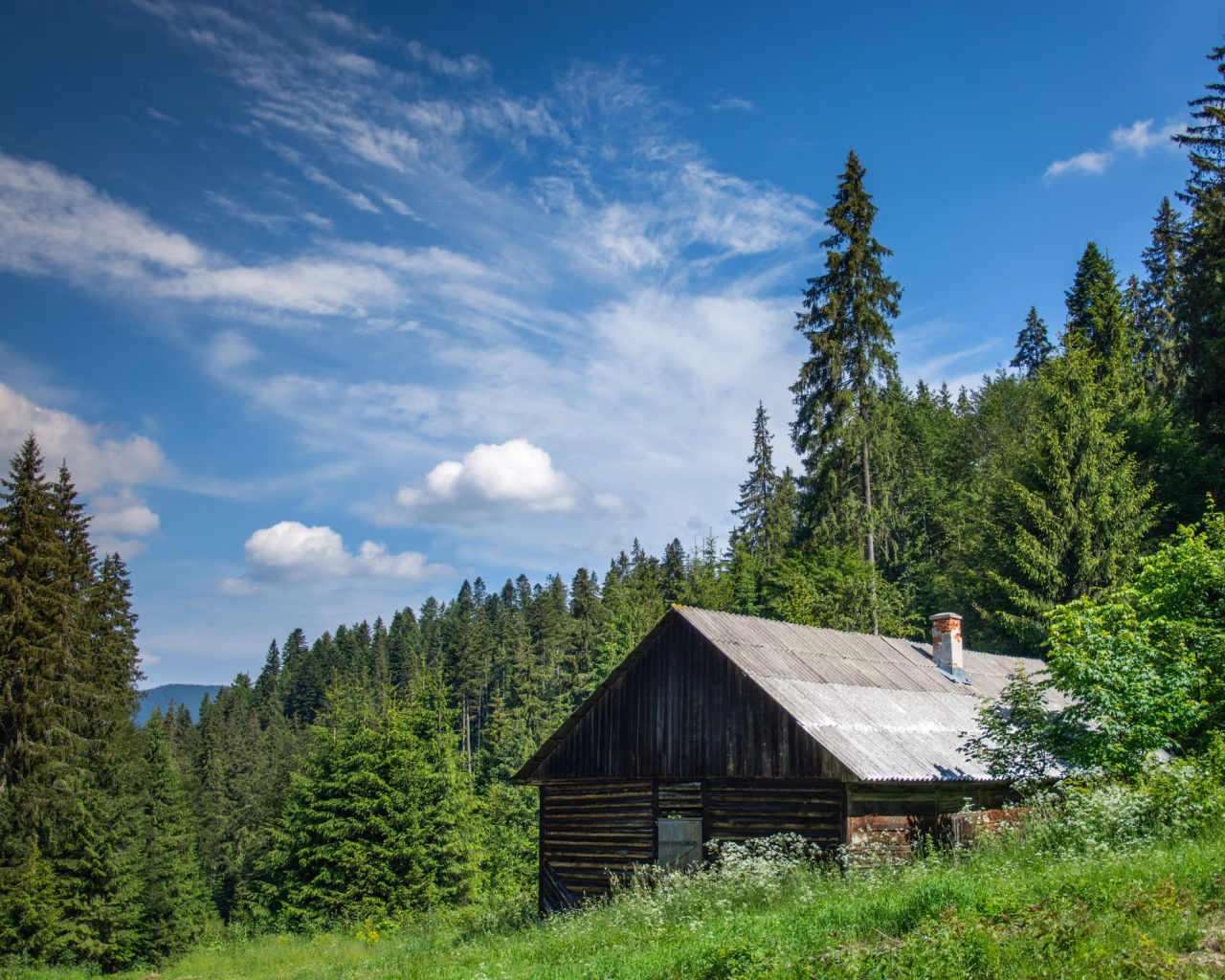 Rustic wooden house in a green meadow, surrounded by forested hills under a clear sky.