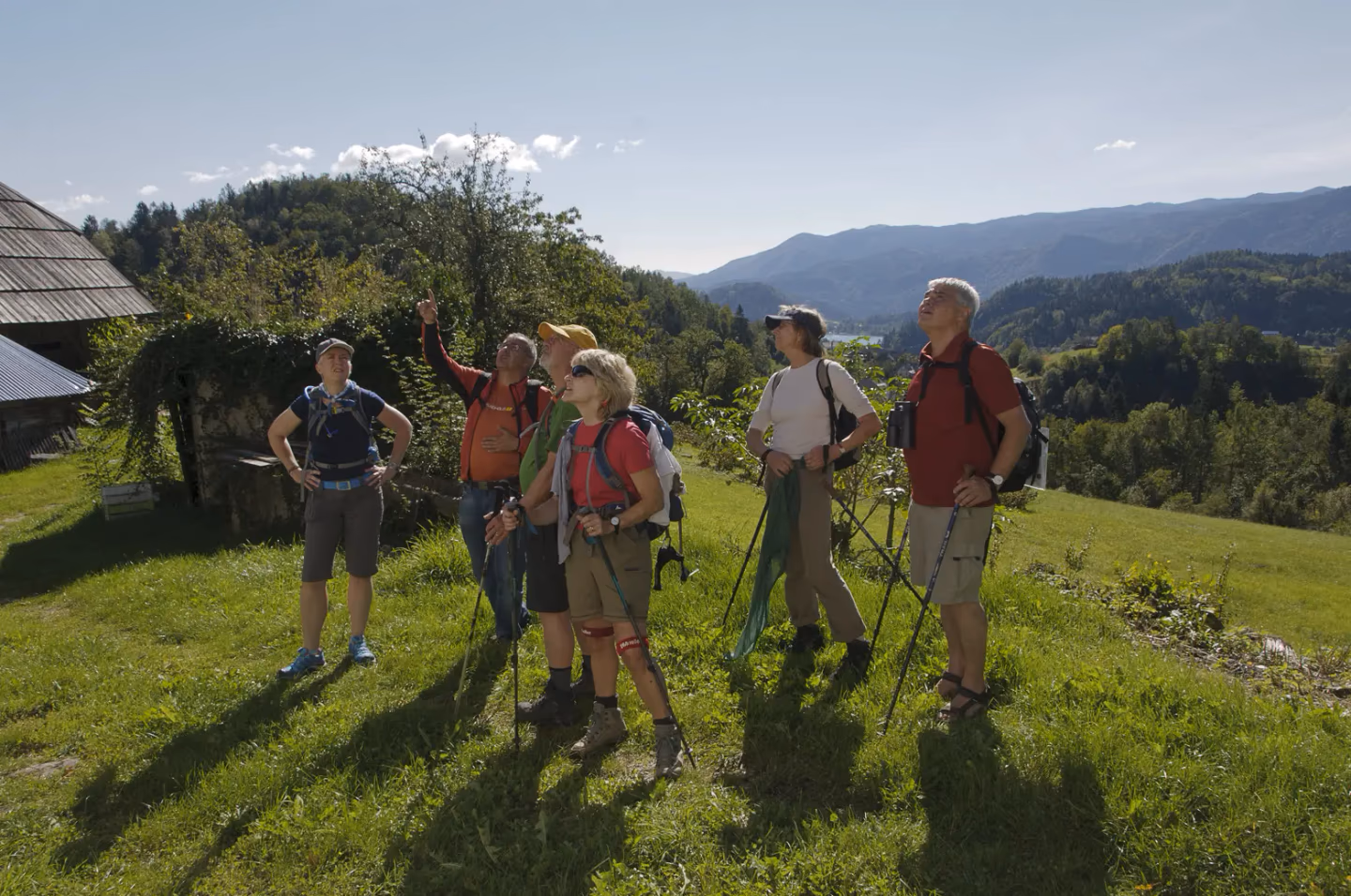 Group of hikers pausing to admire scenic views, with rolling hills, forests, and distant mountains
