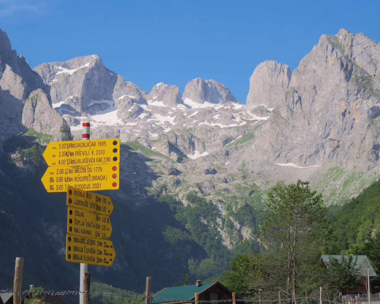 Yellow trail signs in front of the jagged peaks of the Accursed Mountains.