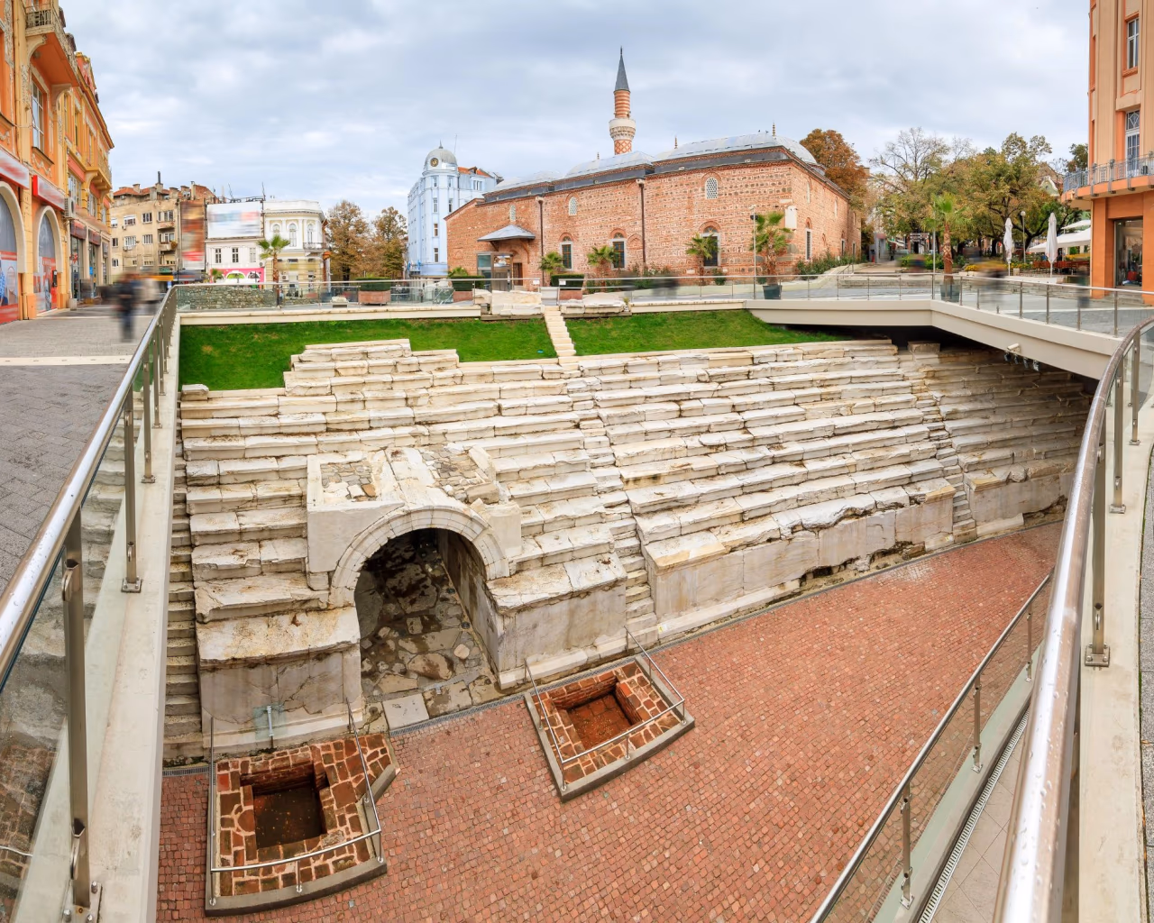 Plovdiv’s Roman Stadium - The well-preserved Roman stadium in Plovdiv, nestled among modern city streets.