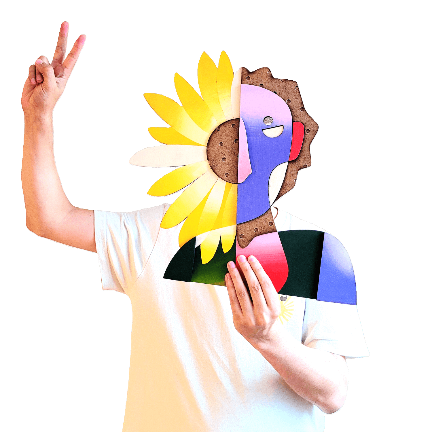 Figure humaine tenant panneau de bois devant lui, moitié tournesol/homme