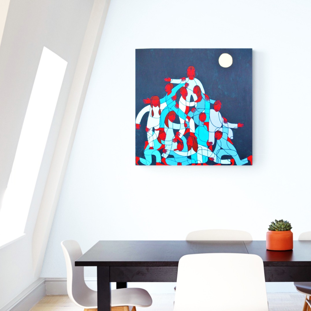 Pyramide d'humains en rouge et bleu