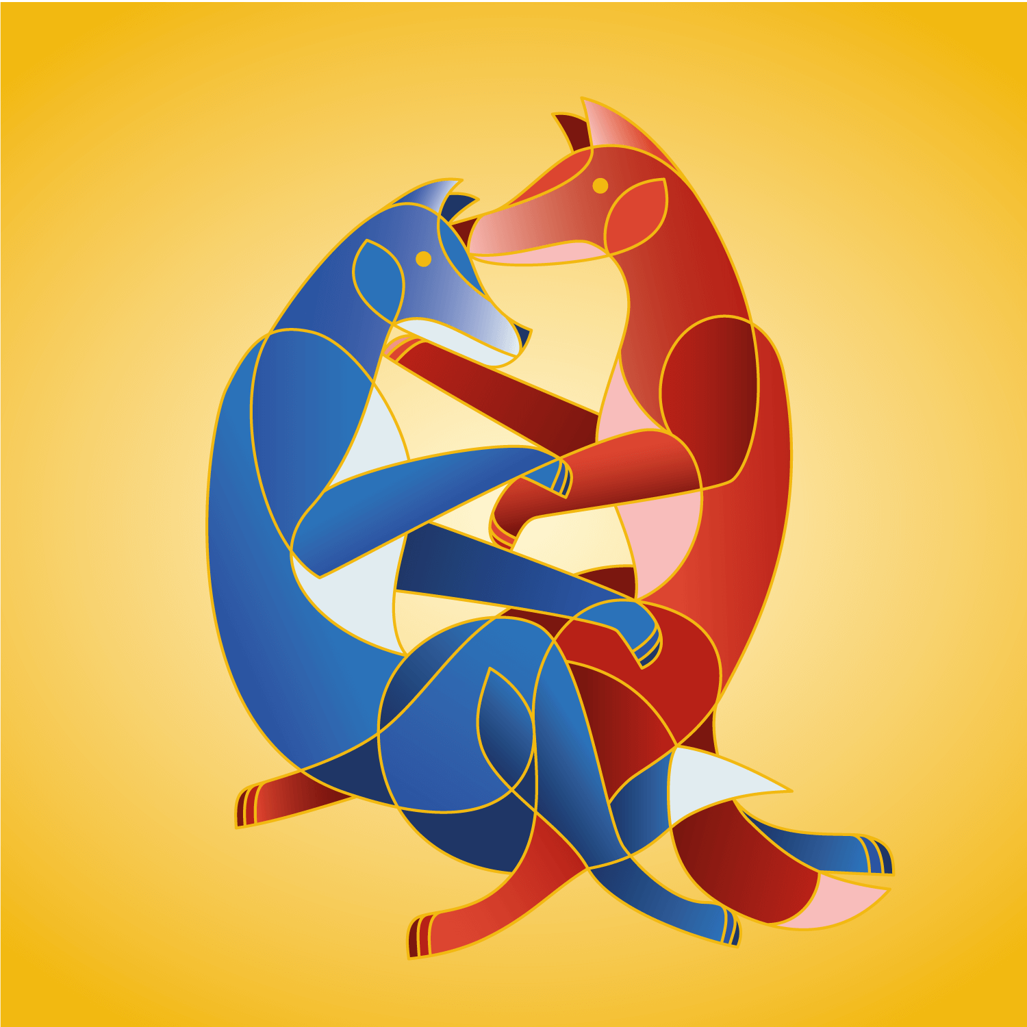 Deux loups entrelacés, un en bleu et l'autre rouge