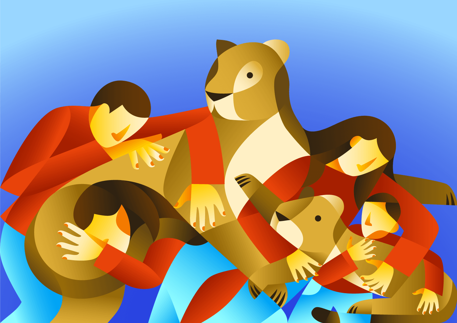 Humains et lions se faisant des calins