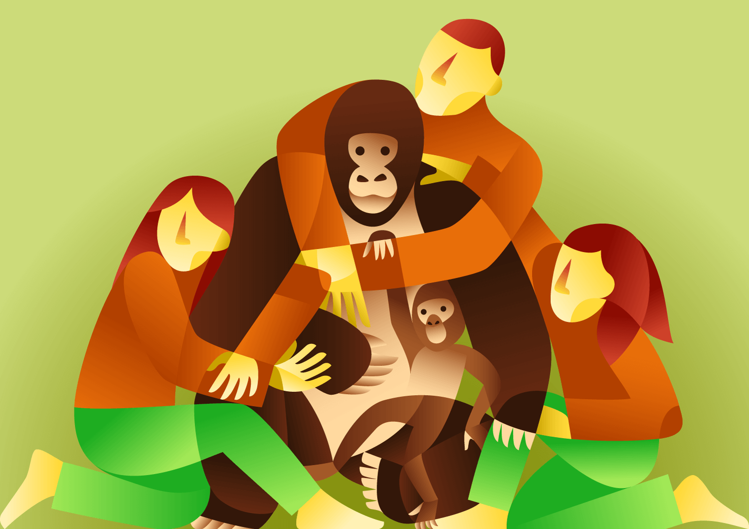 Humains entrelaçant un gorille