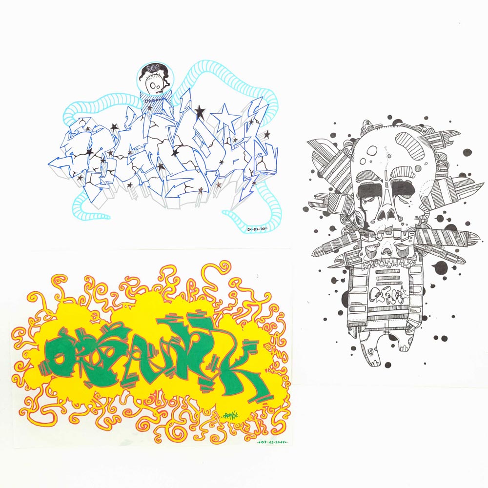 Trois dessins de graffiti