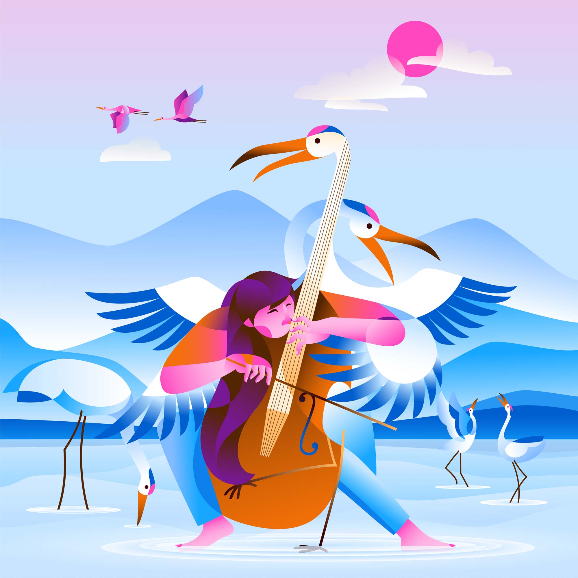 Violoncelliste entourée d'oiseaux avec des montagnes en fond