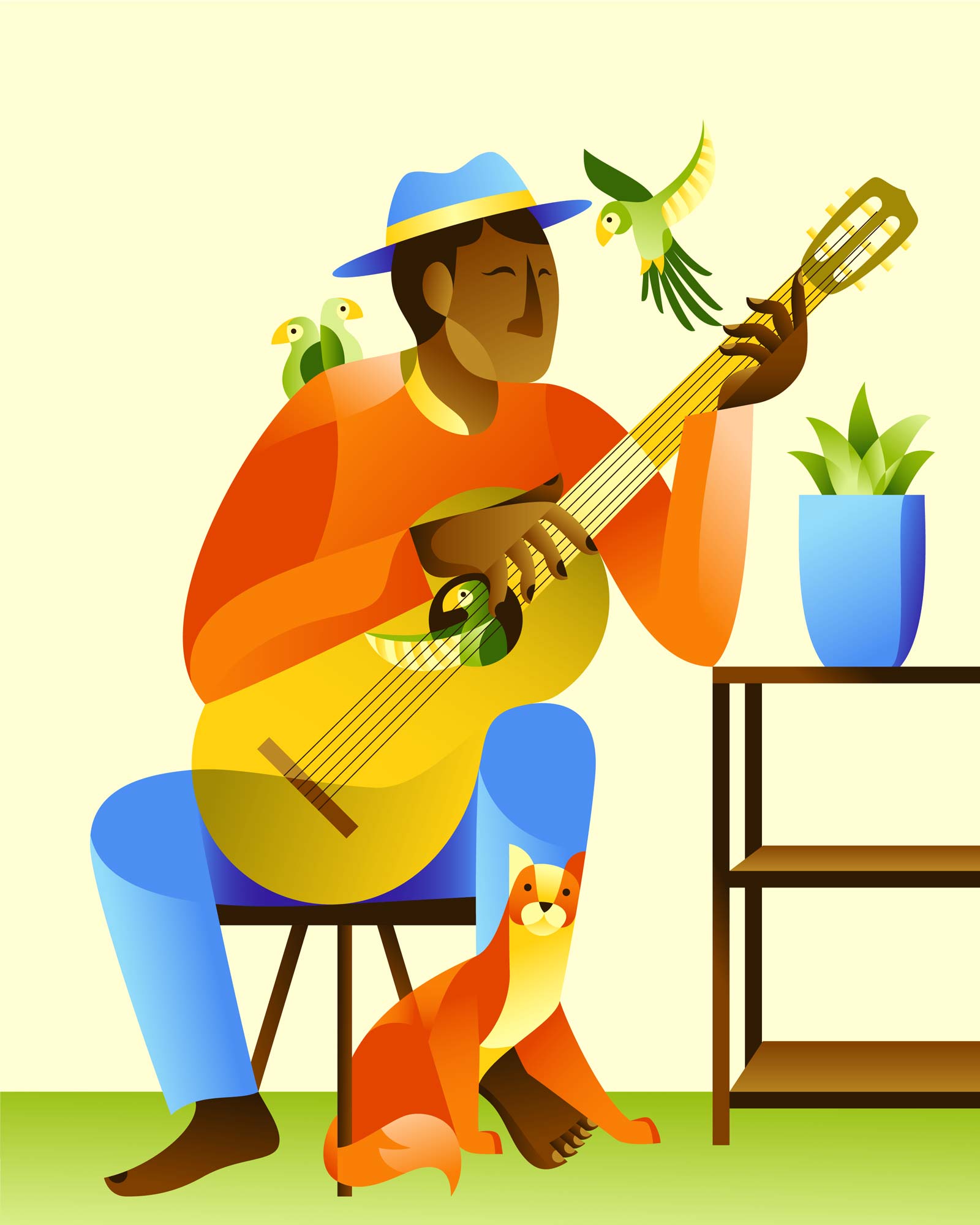 Joueur de guitare entouré de quatres oiseaux et d'un animal de compagnie