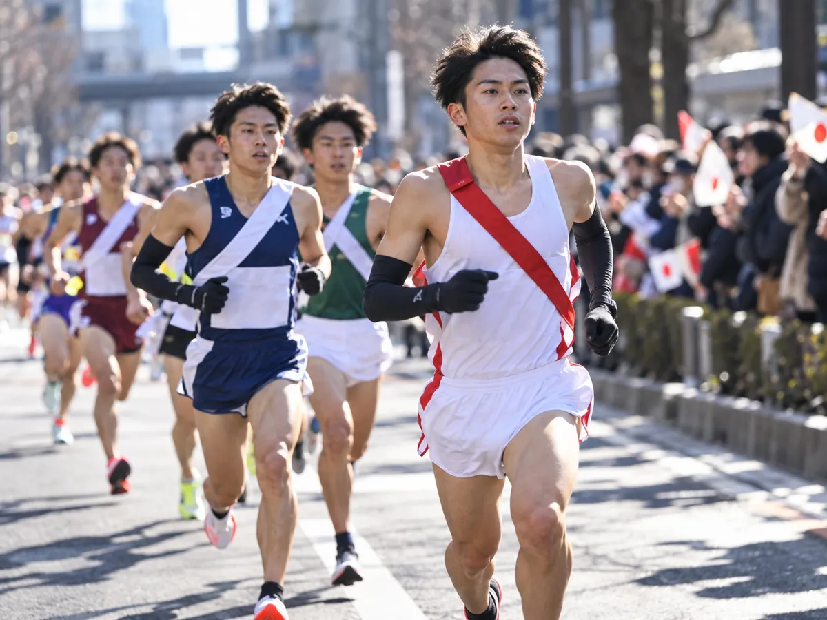沿道の声援の中を走る駅伝ランナー