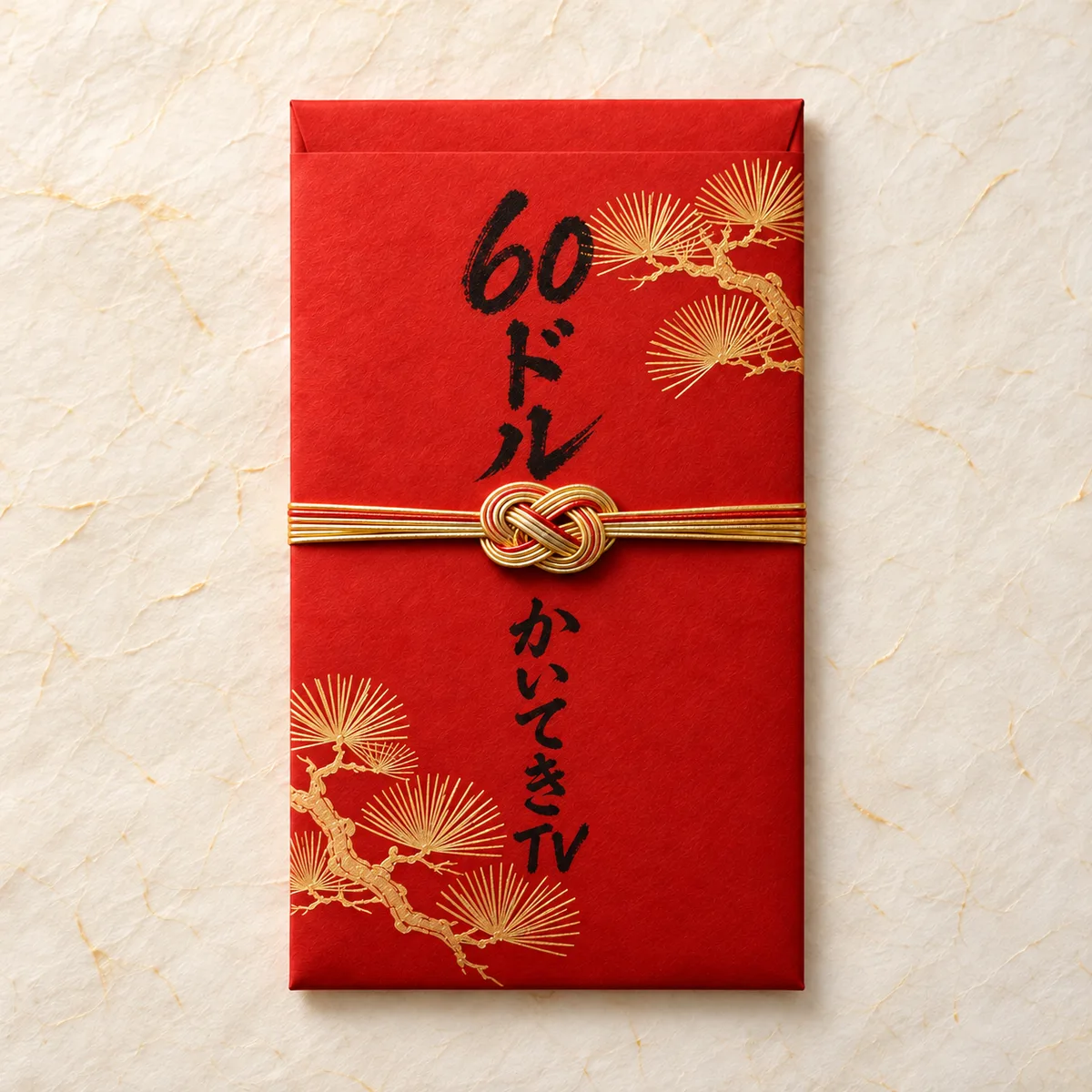 筆文字で「60ドル かいてきTV」と書かれた赤いお年玉袋