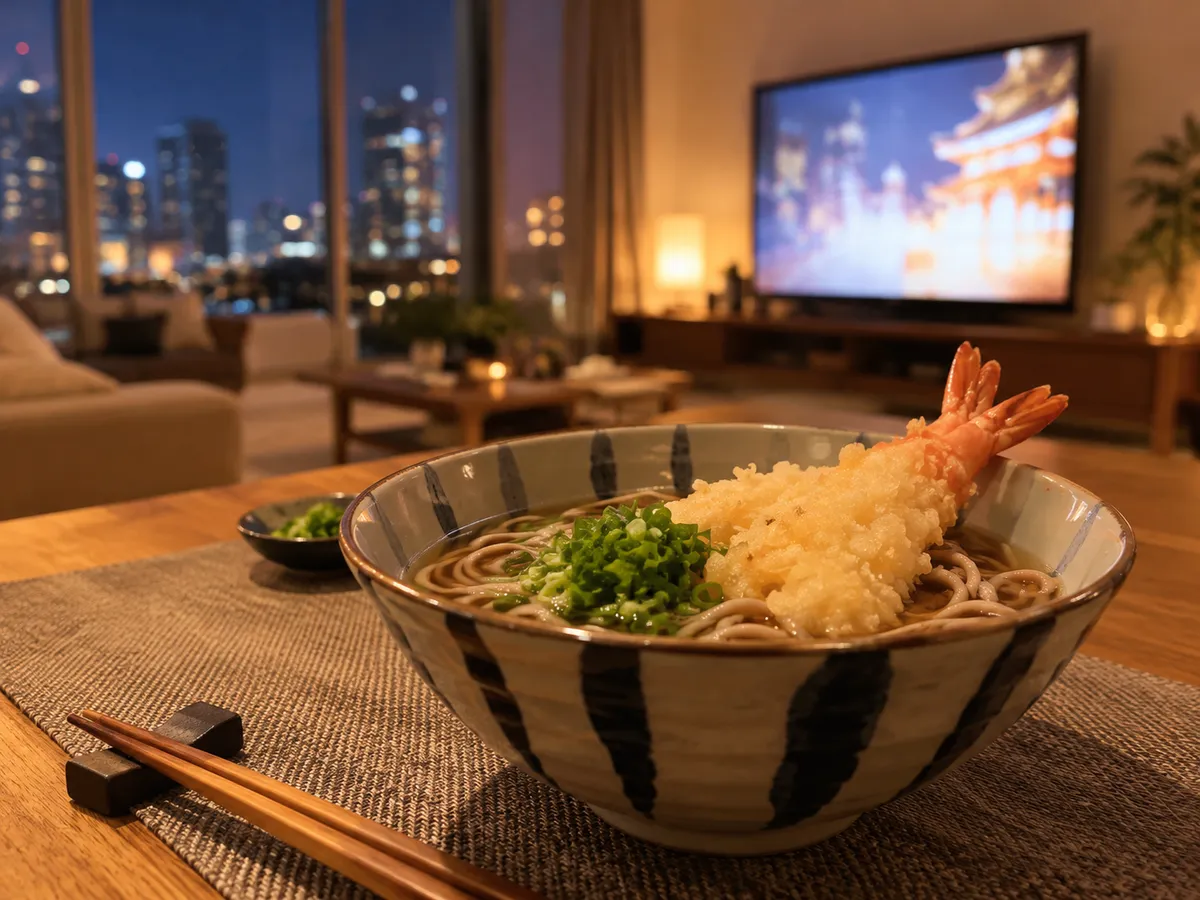テレビの前のテーブルに置かれた海老天そば