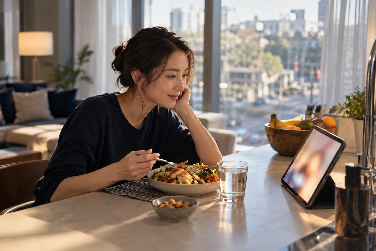 昼食をとりながらタブレットで番組を見る日本人女性