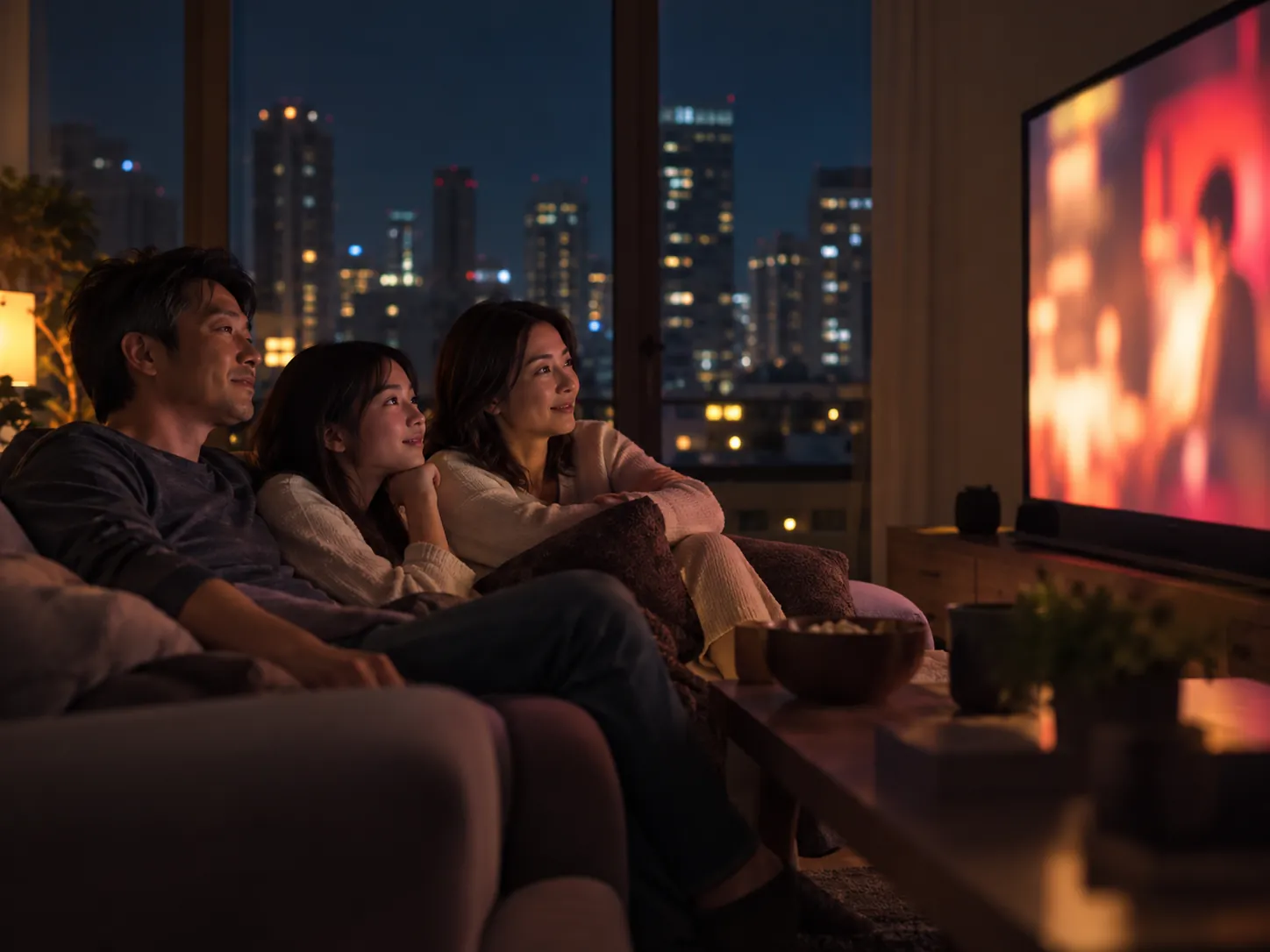 夜のリビングで家族そろってドラマを見る日本人家族