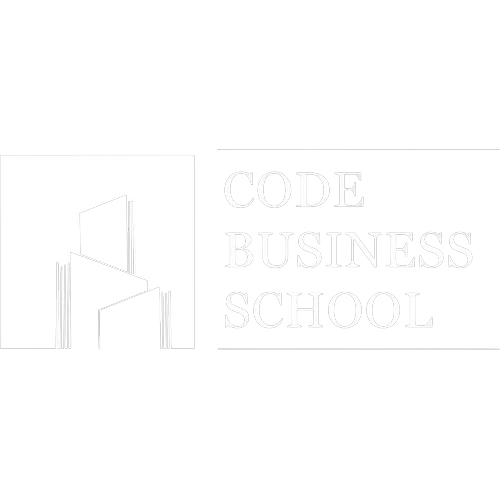 Logo with three stylized black buildings on the left and the text 'CODE BUSINESS SCHOOL' on the right.