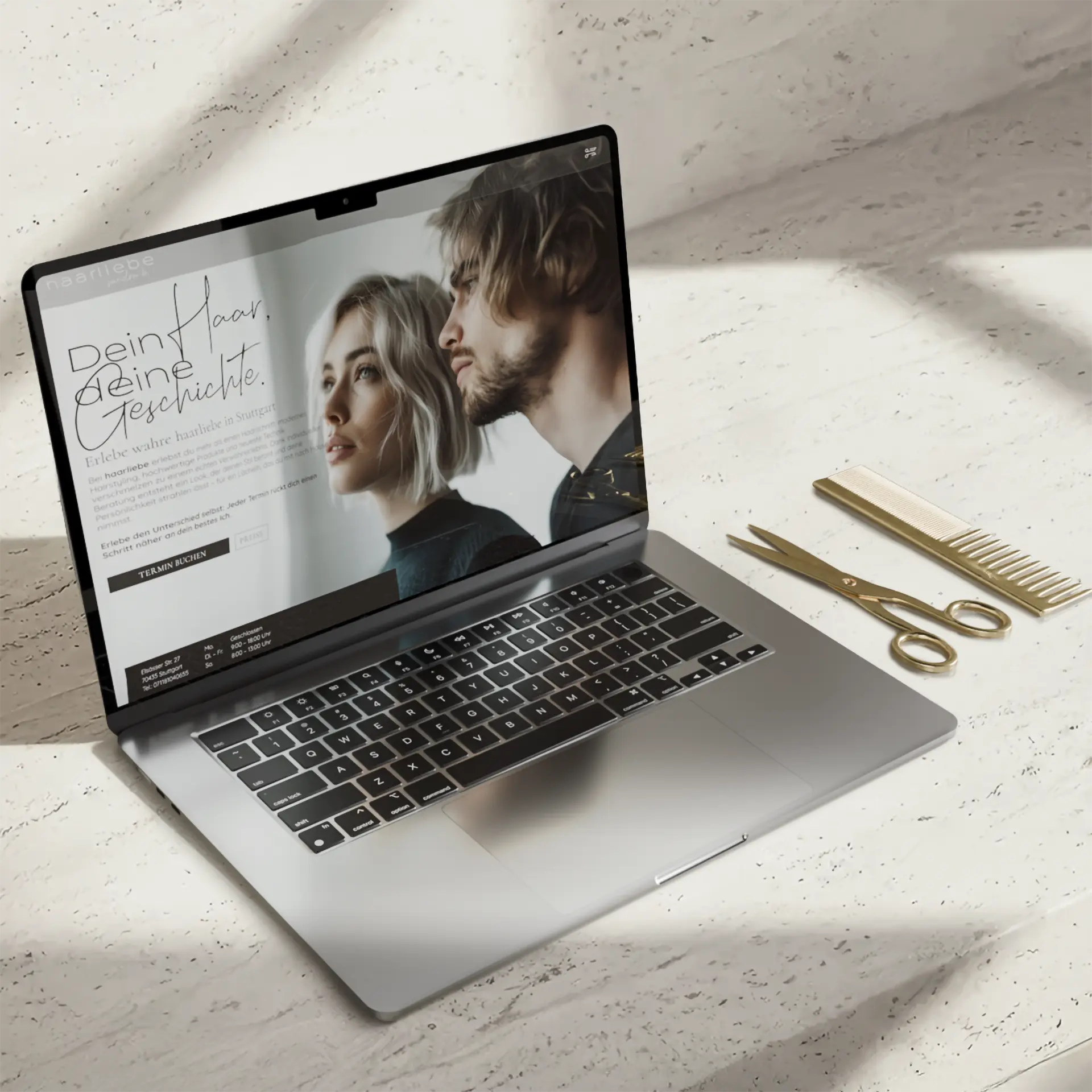 Hauptansicht der Website von Friseur haarliebe in Stuttgart-Zuffenhausen – modernes Webflow Webdesign erstellt von dencraft.