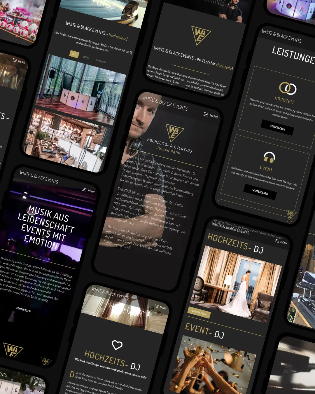 Mobile Ansicht der Website von White & Black Events, erstellt von dencraft werbeagentur – Webdesign für Hochzeits- & Event-DJ in Schorndorf.