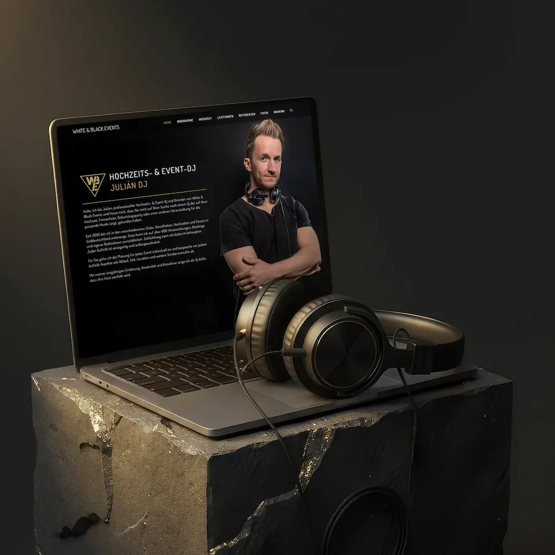 Webdesign von dencraft werbeagentur für White & Black Events – moderner Online-Auftritt mit Laptop-Ansicht für Hochzeits- & Event-DJ aus Schorndorf bei Stuttgart.