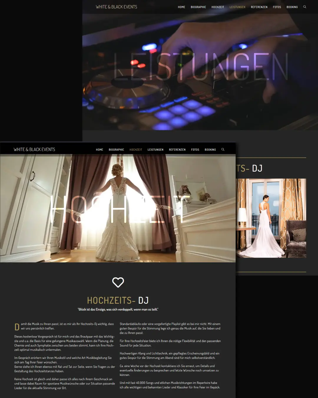 Webdesign von dencraft werbeagentur – moderne Website mit Leistungen & Porträt für White & Black Events, Hochzeits- & Event-DJ aus Schorndorf bei Stuttgart.
