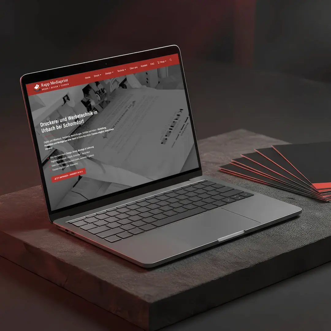 dencraft Webdesign Mockup – Website von Rapp Mediaprint auf Laptop mit Druckprodukten und Werbetechnik, moderne Präsentation der Druckerei in Schorndorf.