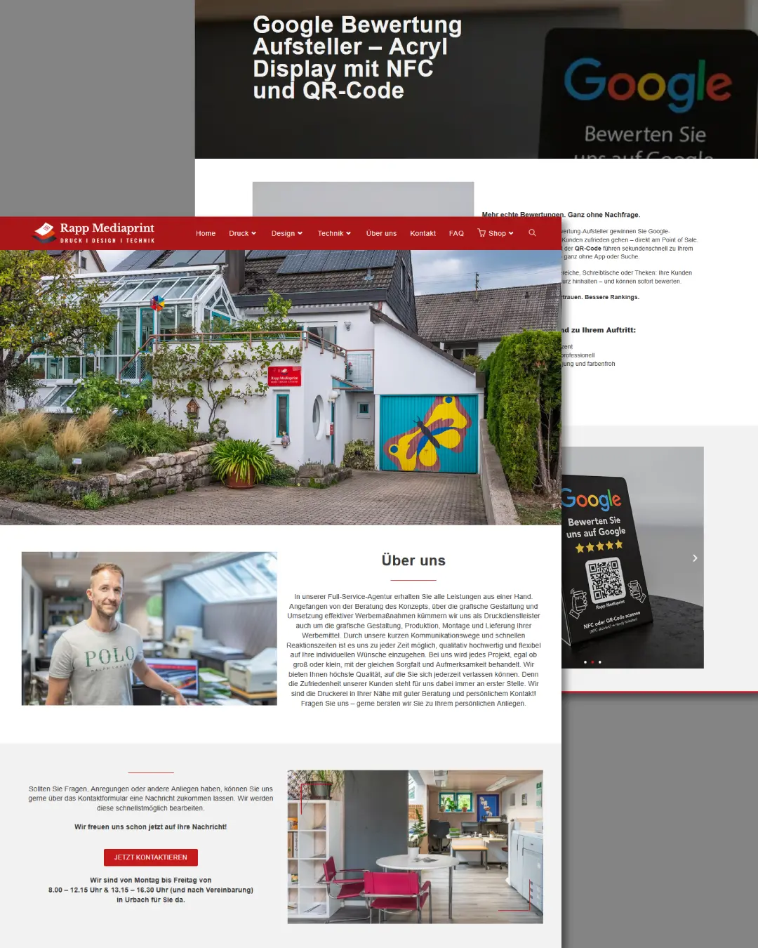 dencraft Webdesign für Rapp Mediaprint – Über-uns-Seite mit Firmengebäude in Schorndorf, persönlicher Beratung und Full-Service-Agentur für Druck und Werbetechnik.