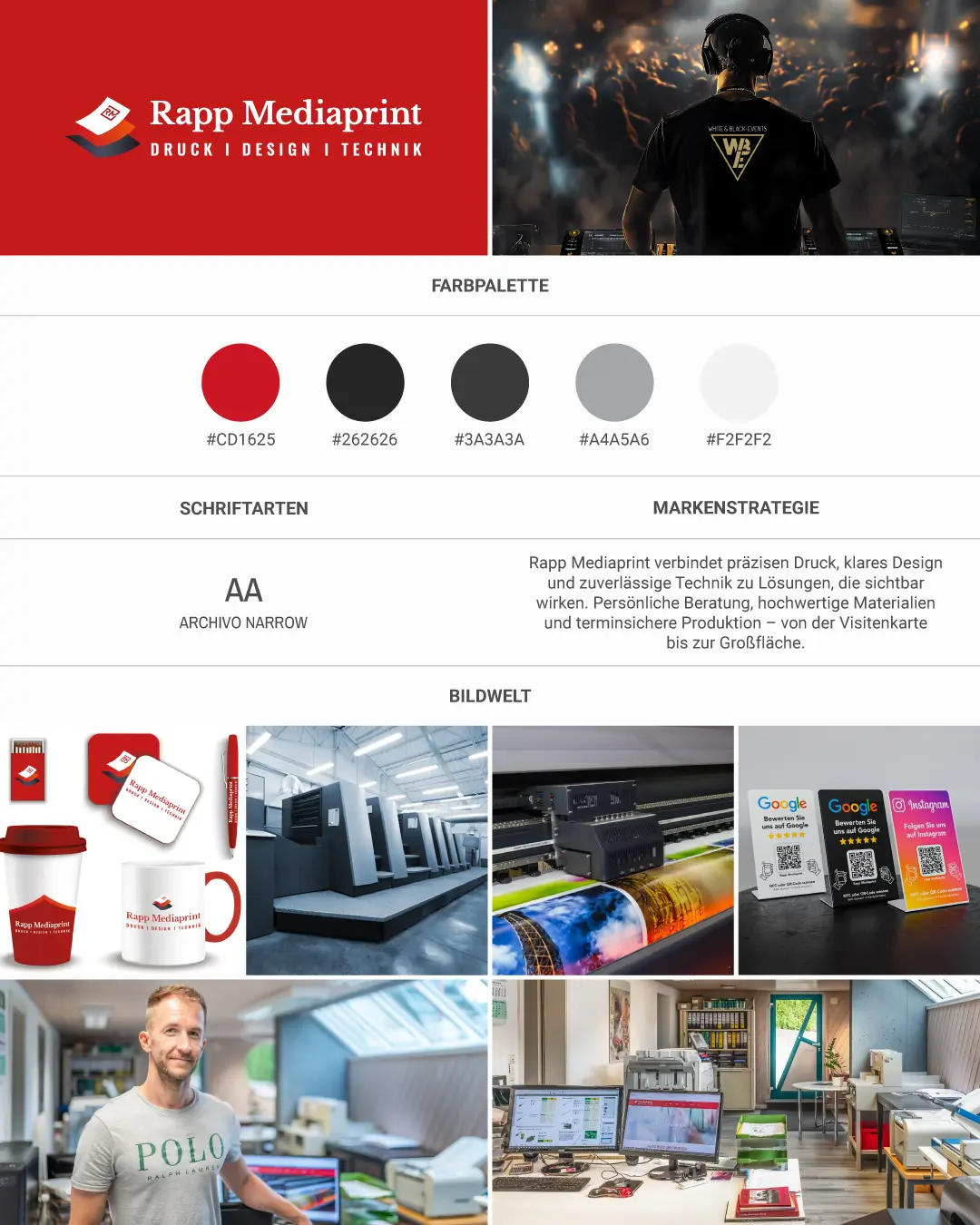 dencraft Webdesign Styleguide für Rapp Mediaprint – Farbpalette, Schriften, Markenstrategie und Bildwelt für Druckerei und Werbetechnik in Schorndorf.
